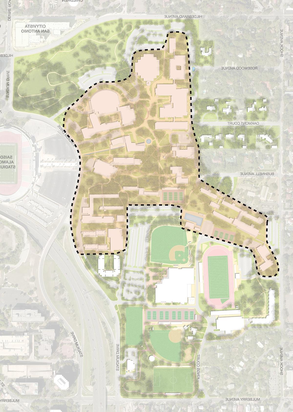 a map rendering shows the boundaries of Trinity's national historic district on campus